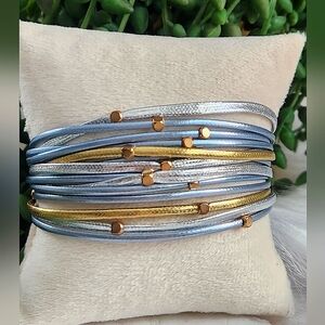 New Ryze Women's Sky Blue, Silver, and Gold Vegan Leather Wrap Bracelet